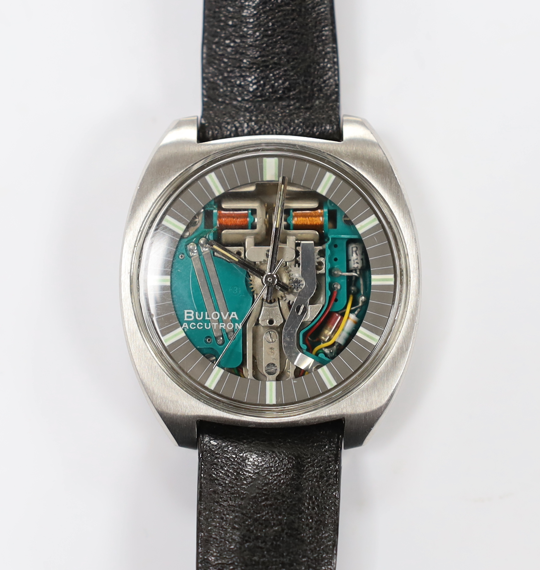 A gentleman's stainless steel Bulova Accutron M7 wrist watch, on a Bulova leather strap, case diameter 38mm.